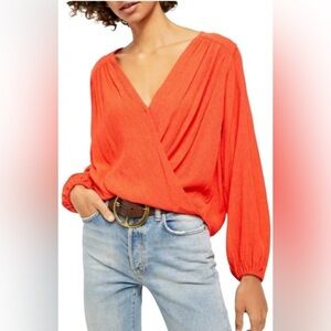 Free People Check On It Wrap Top High-Low Style V-Neck in Flame Blouse Large